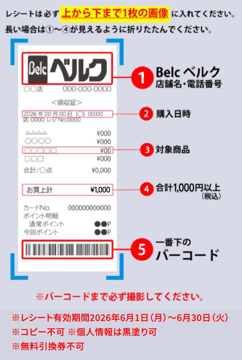 レシートは必ず上から下まで1枚の画像に入れてください。